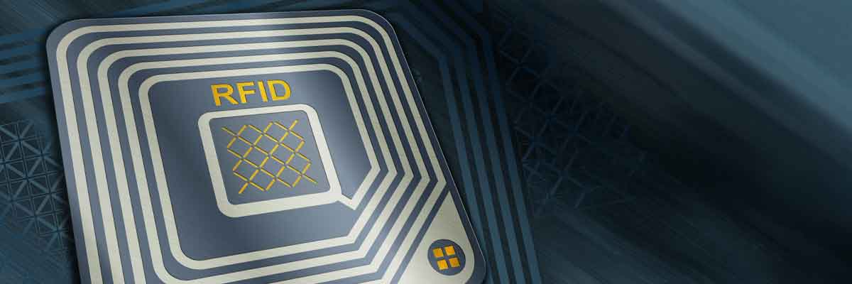 Close-up illustration of an RFID tag with a coiled antenna and central microchip.